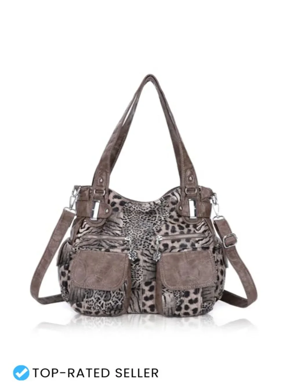 Women's Large Hobo Handbag Double Zipper Multi Pocket Washed PU Leather Purse